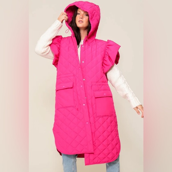 Timing Jackets & Blazers - Timing Ruffle Cap Sleeve Quilted Midi Jacket Hot Pink Women’s Size Small New